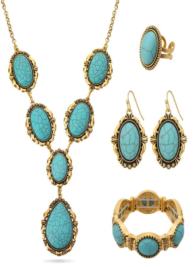 JMScape 4 PCS Western Turquoise Jewelry for Women Boho Vintage Navajo Pearl Necklace Earring Bracelet Ring Set Country Cowgirl Accessories for Gift, Large, Metal, Turquoise - Image 1