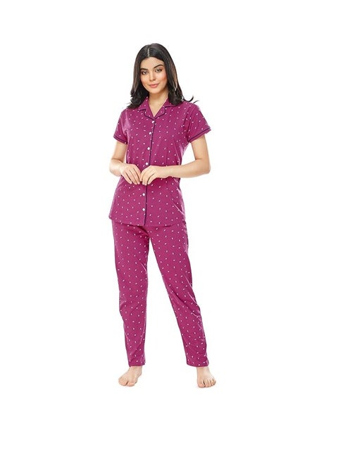 Women's Cotton Flash Printed Night Suit set of Shirt & Pajama Set
