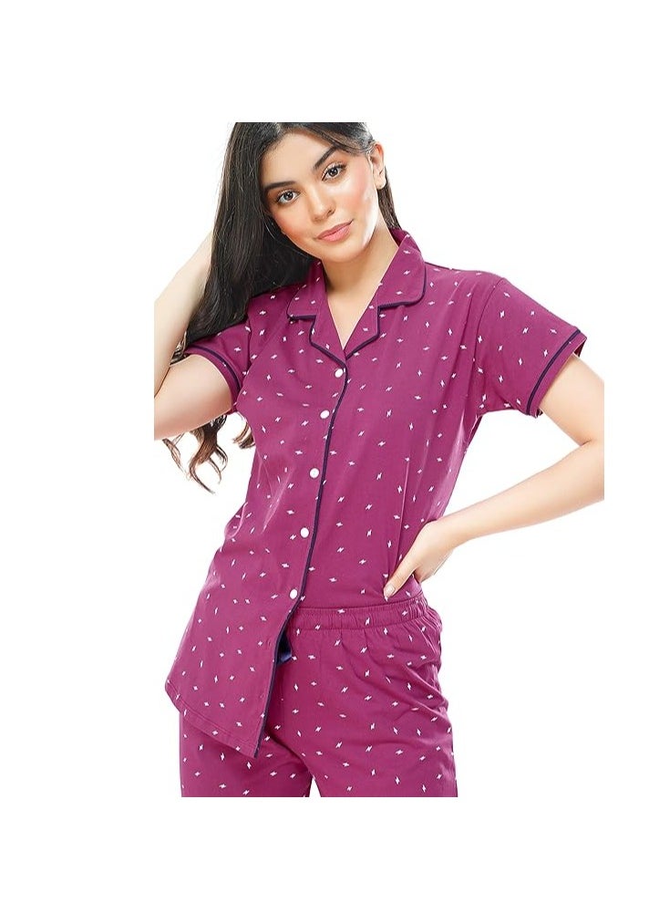 Women's Cotton Flash Printed Night Suit set of Shirt & Pajama Set