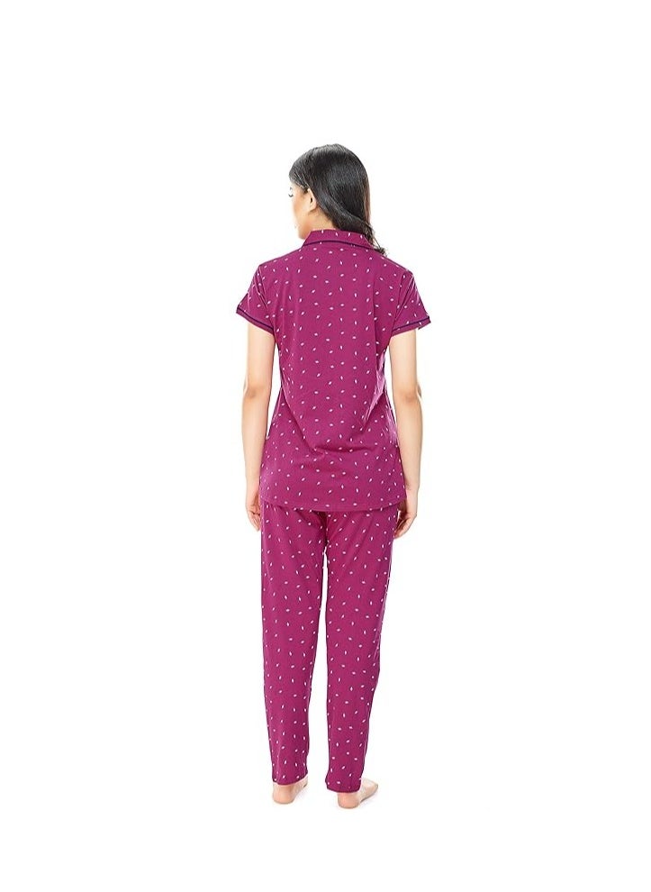 Women's Cotton Flash Printed Night Suit set of Shirt & Pajama Set