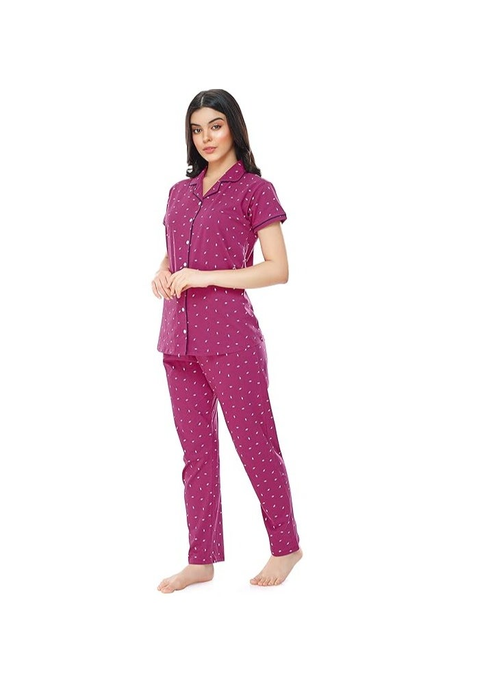 Women's Cotton Flash Printed Night Suit set of Shirt & Pajama Set