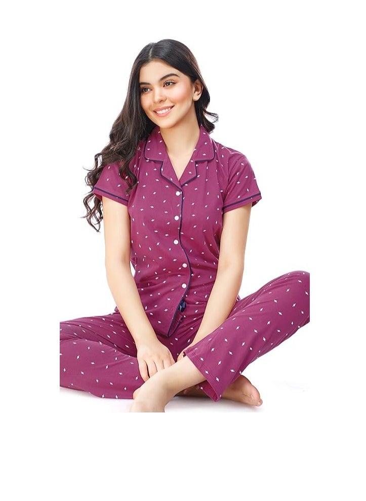 Women's Cotton Flash Printed Night Suit set of Shirt & Pajama Set
