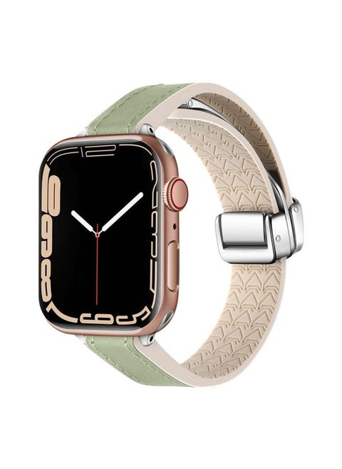 Replacement Strap For Apple Watch Series 6 44mm Magnetic Folding Leather Silicone Watch Band Grass Green