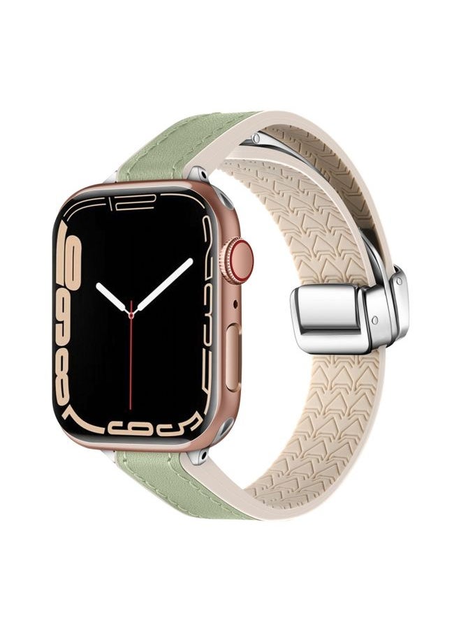 Replacement Strap For Apple Watch Series 6 44mm Magnetic Folding Leather Silicone Watch Band Grass Green