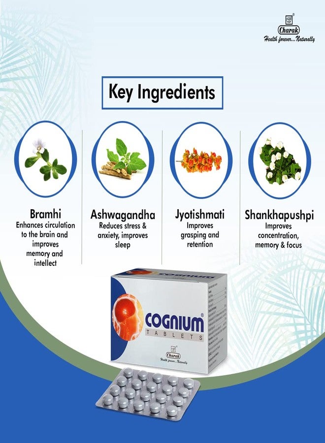 Charak Pharma Cognium Tablet For Memory, Focus and Concentration | Reduce Stress and Promote Brain Health - 20 Tablets (Pack of 2) - Image 3