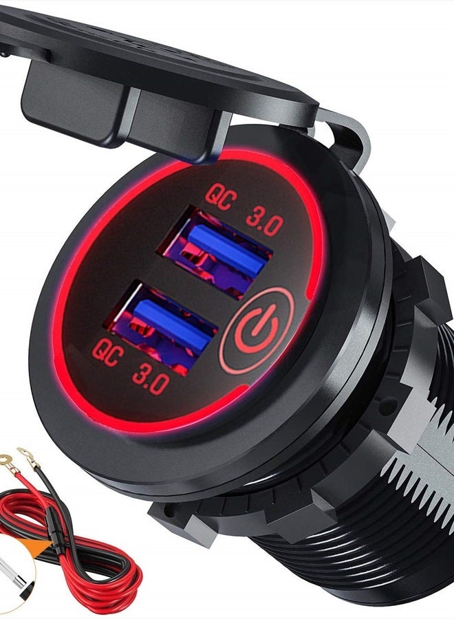 GemCoo Quick Charge 3.0 Dual USB Car Charger Socket with Touch Switch 12V/24V 36W QC3.0 Dual USB Fast Charger Socket Power Outlet for Marine, Boat, Motorcycle, Truck, Golf Cart(Red) - Image 1