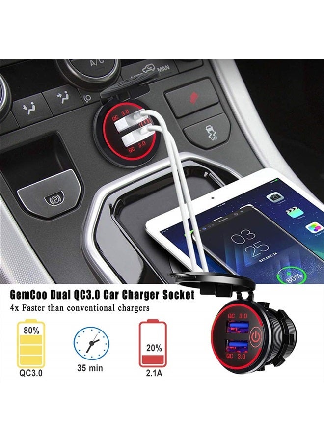 GemCoo Quick Charge 3.0 Dual USB Car Charger Socket with Touch Switch 12V/24V 36W QC3.0 Dual USB Fast Charger Socket Power Outlet for Marine, Boat, Motorcycle, Truck, Golf Cart(Red) - Image 4