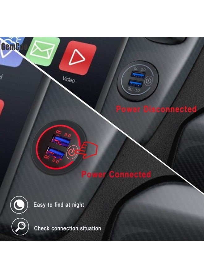 GemCoo Quick Charge 3.0 Dual USB Car Charger Socket with Touch Switch 12V/24V 36W QC3.0 Dual USB Fast Charger Socket Power Outlet for Marine, Boat, Motorcycle, Truck, Golf Cart(Red) - Image 3