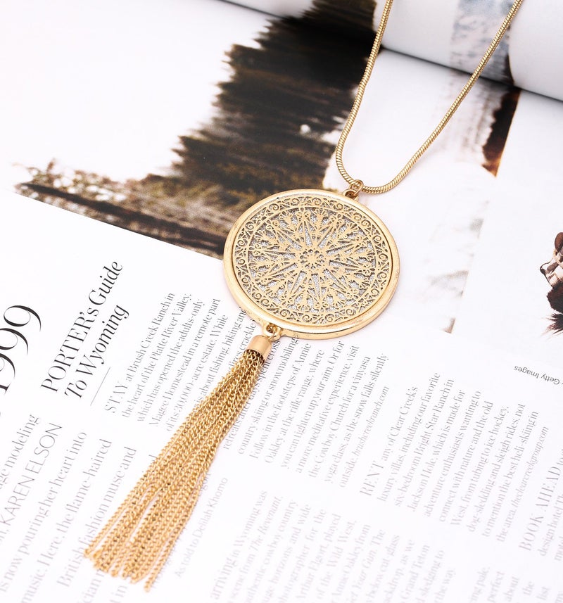 MOLOCH Long Necklaces For Woman Disk Circle Pendant Necklaces Tassel Fringe Necklace Set Statement Pendant (gold) - Image 5