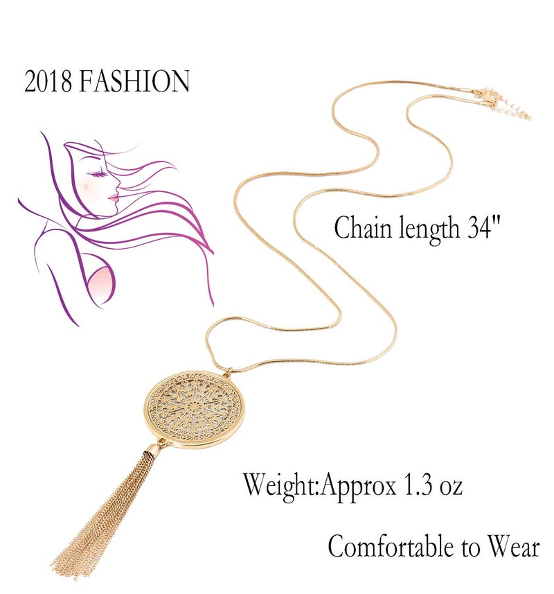 MOLOCH Long Necklaces For Woman Disk Circle Pendant Necklaces Tassel Fringe Necklace Set Statement Pendant (gold) - Image 4