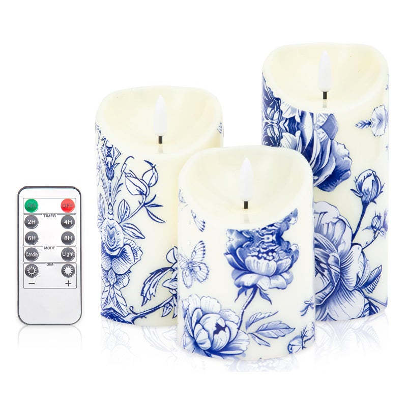 Ouvibor 3 Pcs Blue and White Flameless Candles Wedding Table Centerpiece Chinoiserie Candles Blue White Floral Printed Faux Candles with Remote Timer for Wedding Home Holiday Table Decor - Image 1