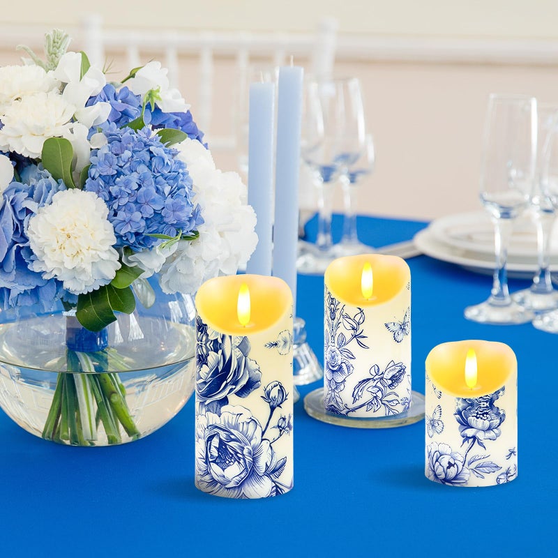 Ouvibor 3 Pcs Blue and White Flameless Candles Wedding Table Centerpiece Chinoiserie Candles Blue White Floral Printed Faux Candles with Remote Timer for Wedding Home Holiday Table Decor - Image 5