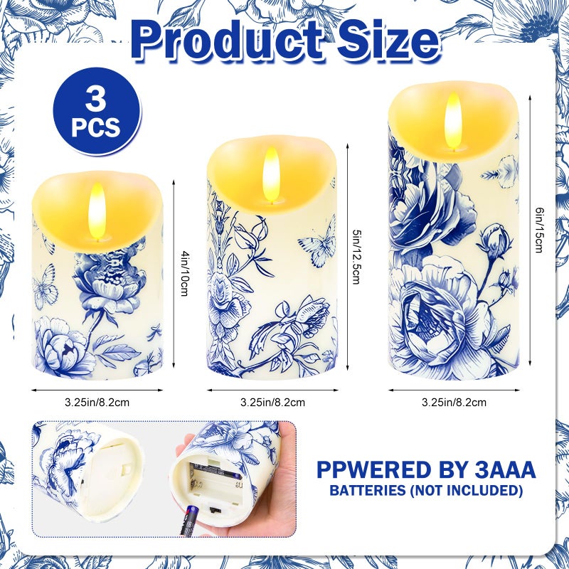 Ouvibor 3 Pcs Blue and White Flameless Candles Wedding Table Centerpiece Chinoiserie Candles Blue White Floral Printed Faux Candles with Remote Timer for Wedding Home Holiday Table Decor - Image 4