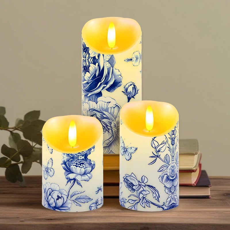 Ouvibor 3 Pcs Blue and White Flameless Candles Wedding Table Centerpiece Chinoiserie Candles Blue White Floral Printed Faux Candles with Remote Timer for Wedding Home Holiday Table Decor - Image 2