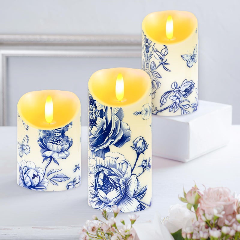 Ouvibor 3 Pcs Blue and White Flameless Candles Wedding Table Centerpiece Chinoiserie Candles Blue White Floral Printed Faux Candles with Remote Timer for Wedding Home Holiday Table Decor - Image 3