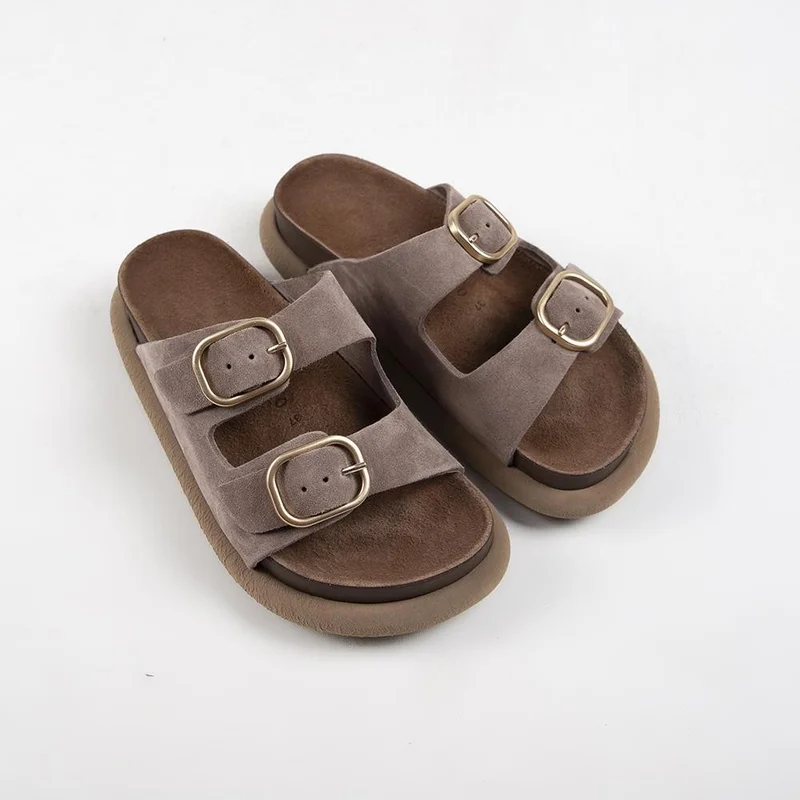 Manijero Manijero Lavanda Women's Genuine Leather Double Buckle Mink Slippers