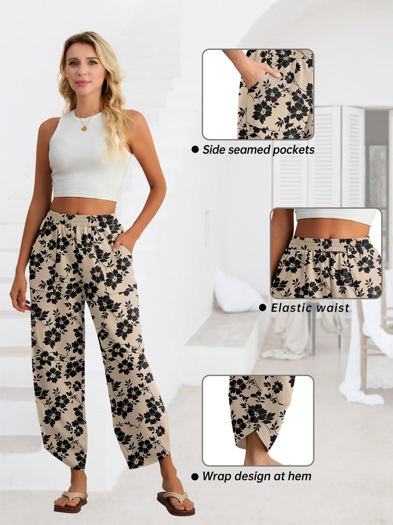 Feiersi Womens Baggy Wide Leg Pants Elastic Waisted Casual Palazzo Harem Pants Summer Beach Trousers(Khaki Black Flower,Small) - Image 4