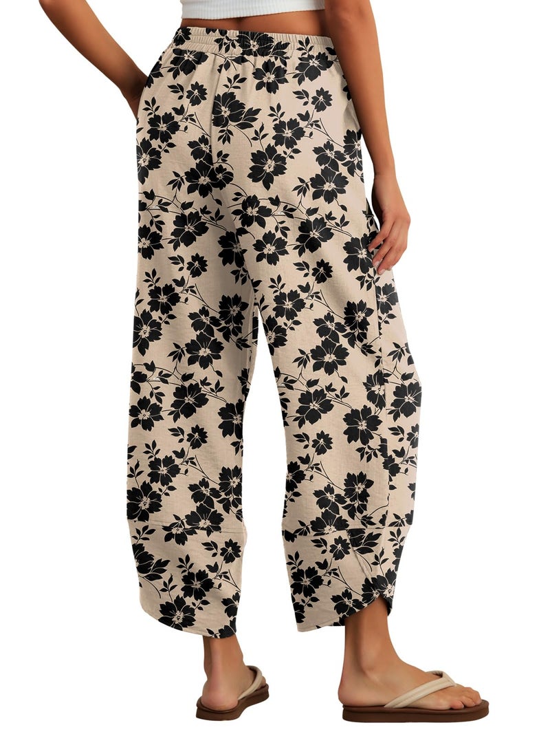 Feiersi Womens Baggy Wide Leg Pants Elastic Waisted Casual Palazzo Harem Pants Summer Beach Trousers(Khaki Black Flower,Small) - Image 5