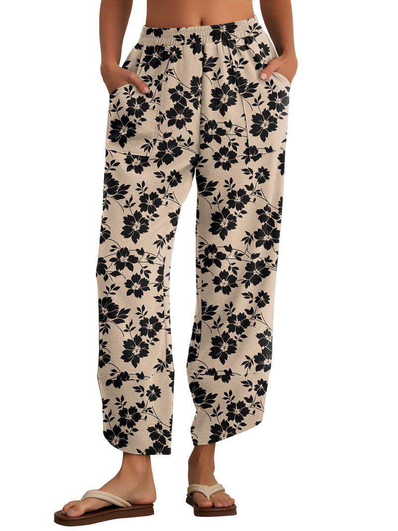 Feiersi Womens Baggy Wide Leg Pants Elastic Waisted Casual Palazzo Harem Pants Summer Beach Trousers(Khaki Black Flower,Small) - Image 2