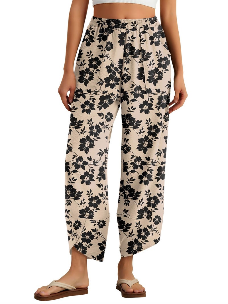 Feiersi Womens Baggy Wide Leg Pants Elastic Waisted Casual Palazzo Harem Pants Summer Beach Trousers(Khaki Black Flower,Small) - Image 1