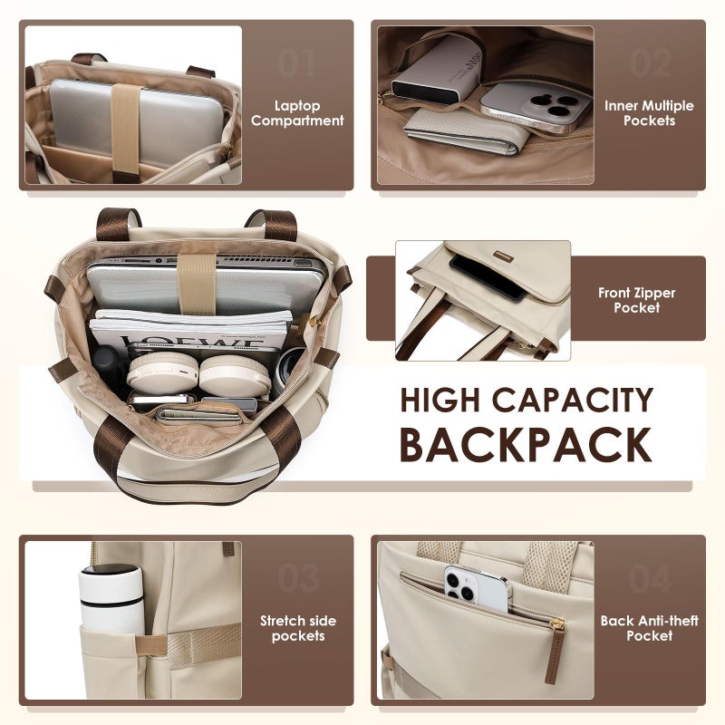 GOLF SUPAGS Convertible Laptop Backpack for Women Casual Daypack Notebook Tote Bag for Work College Travel Leisure (Apricot) - Image 2