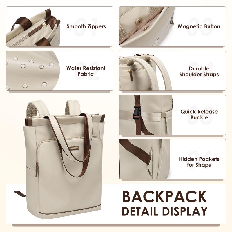 GOLF SUPAGS Convertible Laptop Backpack for Women Casual Daypack Notebook Tote Bag for Work College Travel Leisure (Apricot) - Image 3