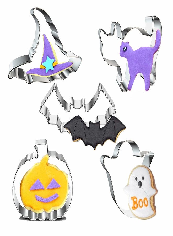 Q-BAKER Halloween Cookie Cutters Set- 5 Pieces Stainless Steel Baking Cutter Molds Pumpkin, Ghost, Witch's Hat, Bat, Cat Cookie Cutters Holiday Decorative Party Supplies - Image 1