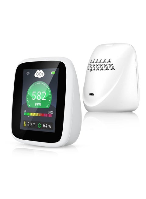 Indoor CO2 Detector Monitor – 400-5000ppm, Temperature & Humidity, Color-Coded LCD Screen, 1200mAh Battery, USB-C, Alarm, Black (Portable Air Quality Tester)