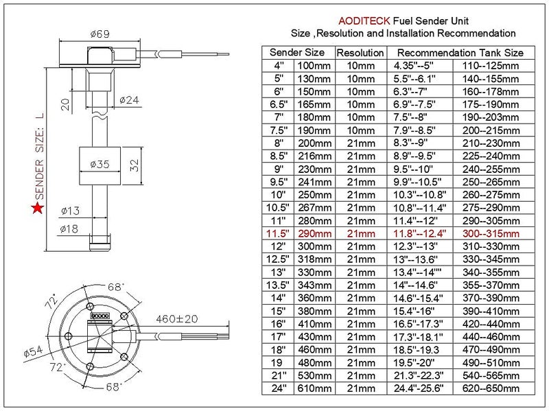 AODITECK 240-33ohms 11.5"(290mm) Marine Fuel Sending Unit for Boat Truck RV Car Vehicle Fuel Tank Sending Unit Water Level Sensor Gas Gauge Sender - Image 5