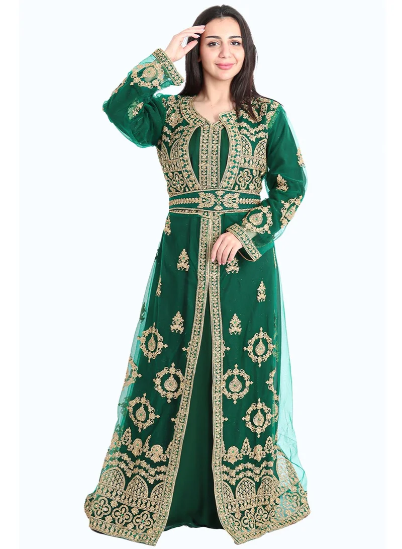 IKKXA Golden Cascade Crystal Green Kaftan IKW9645
