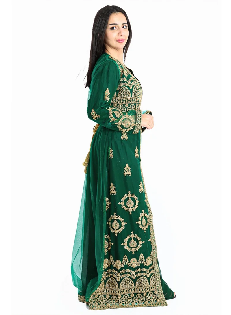 IKKXA Golden Cascade Crystal Green Kaftan IKW9645