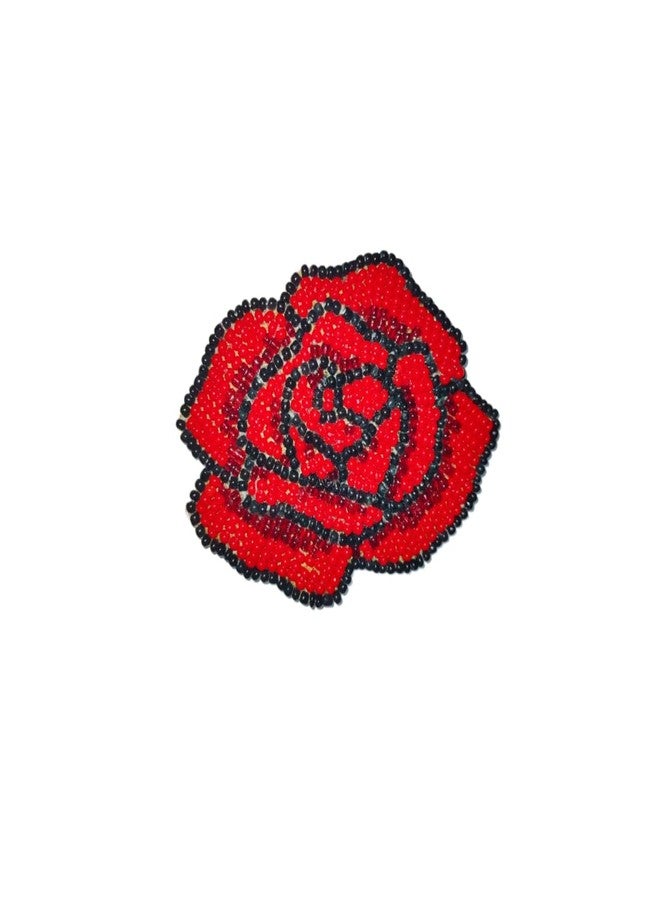 Abeo Handmade Beaded Rose Brooch, 5-6 cm, Red and Black, Traditional Embroidered Design - Image 2