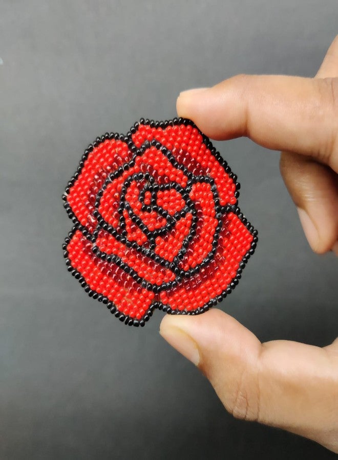 Abeo Handmade Beaded Rose Brooch, 5-6 cm, Red and Black, Traditional Embroidered Design - Image 5
