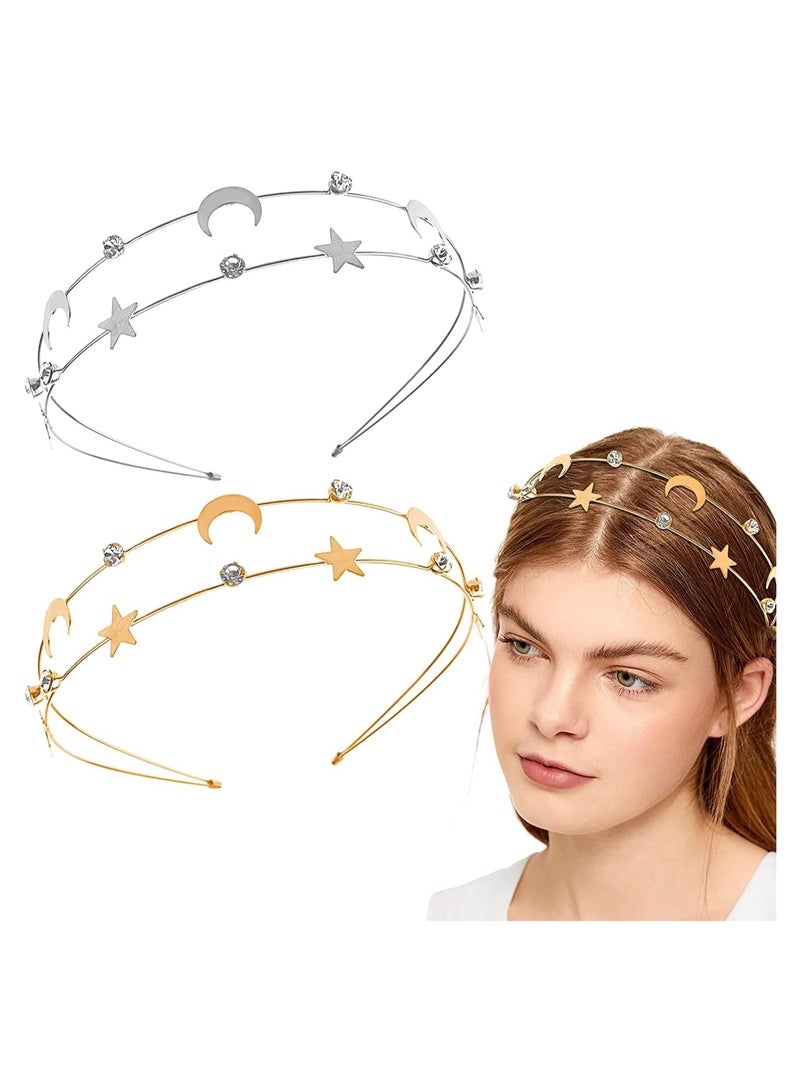SYOSI 2 Pcs Alloy Moon Five pointed Star Headbands Bridal Hair Hoop Wedding Hair Accessories Ornaments for Elegant Women Girls - Image 1