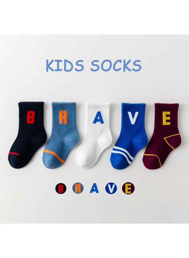 Combed Cotton Socks with brave Pattern, White/black/Red/blue, 0-8 Years Old, 5 Pairs Pack - Image 1