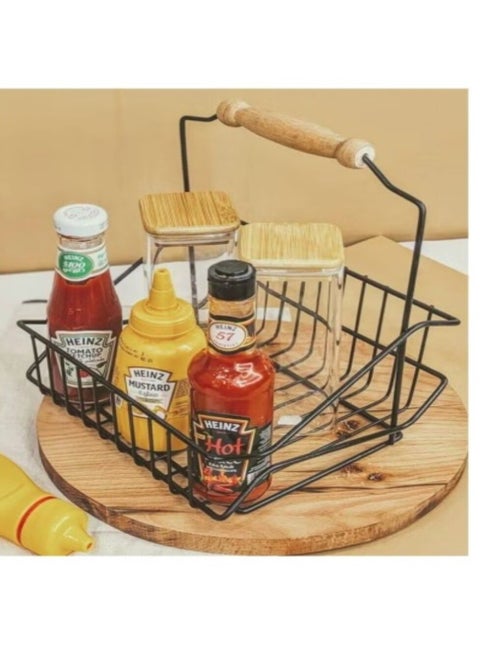 Sauce holder and jar organizer made of sturdy metal with a distinctive wooden handle