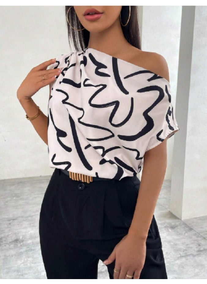 Shein Women'S Floral Print Asymmetrical Collar Shirt,Short Sleeve Tops  - Image 4