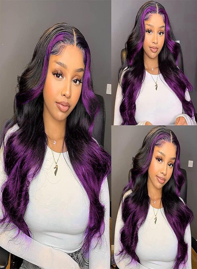 Goldfinch Skunk Stripe Wigs Human Hair Lace Front Purple Highlights Wig 13x4 HD Lace Front Wigs Dark Burgundy Highlight Body Wave Lace front Wig 150% Density Pre Plucked with Baby Hair 18 Inch - Image 2
