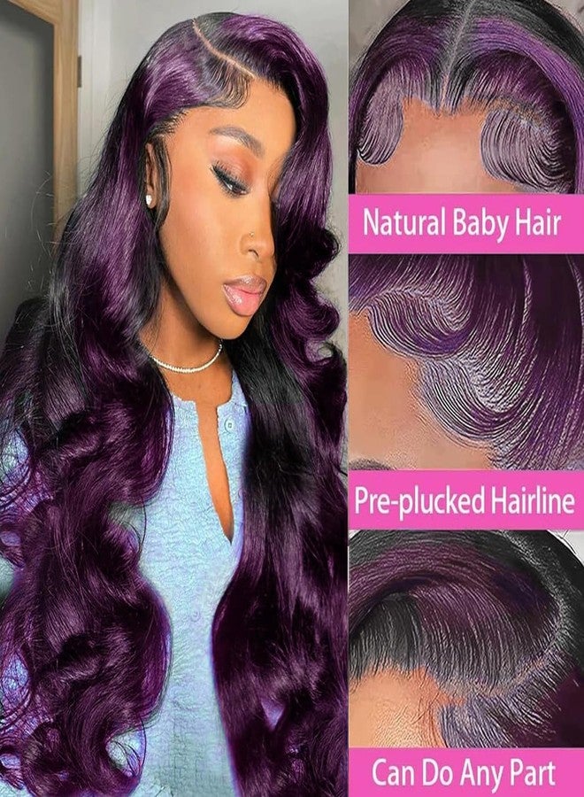 Goldfinch Skunk Stripe Wigs Human Hair Lace Front Purple Highlights Wig 13x4 HD Lace Front Wigs Dark Burgundy Highlight Body Wave Lace front Wig 150% Density Pre Plucked with Baby Hair 18 Inch - Image 4