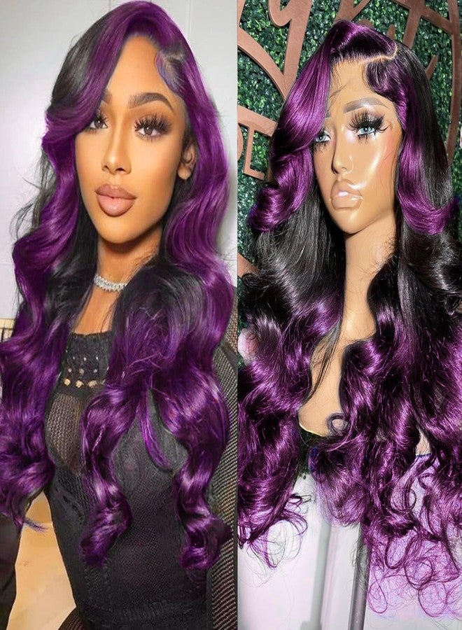 Goldfinch Skunk Stripe Wigs Human Hair Lace Front Purple Highlights Wig 13x4 HD Lace Front Wigs Dark Burgundy Highlight Body Wave Lace front Wig 150% Density Pre Plucked with Baby Hair 18 Inch - Image 1