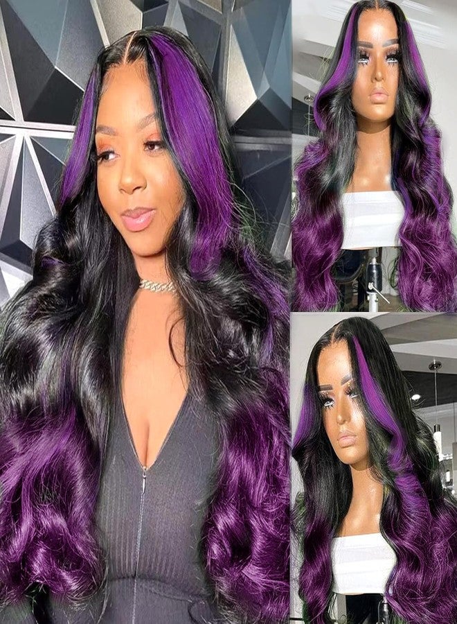 Goldfinch Skunk Stripe Wigs Human Hair Lace Front Purple Highlights Wig 13x4 HD Lace Front Wigs Dark Burgundy Highlight Body Wave Lace front Wig 150% Density Pre Plucked with Baby Hair 18 Inch - Image 5