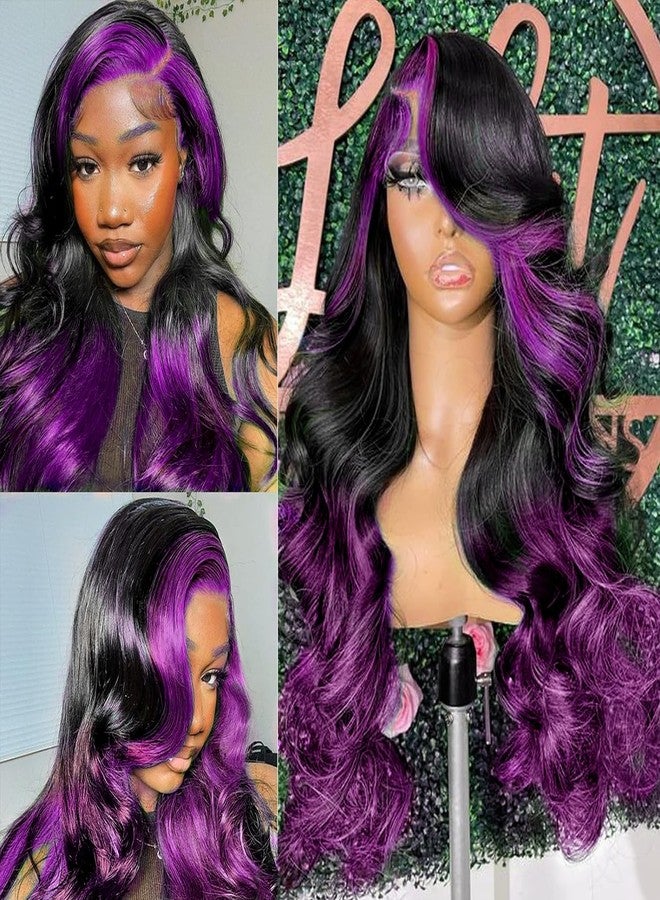 Goldfinch Skunk Stripe Wigs Human Hair Lace Front Purple Highlights Wig 13x4 HD Lace Front Wigs Dark Burgundy Highlight Body Wave Lace front Wig 150% Density Pre Plucked with Baby Hair 18 Inch - Image 3