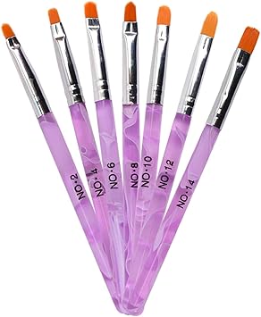 TRIXES 7PC UV Gel Acrylic Nail Brush Set Assorted Nail Art Builder Brushes Accurate Professional Salon Painting Tools Marbled Purple Pink - Image 1