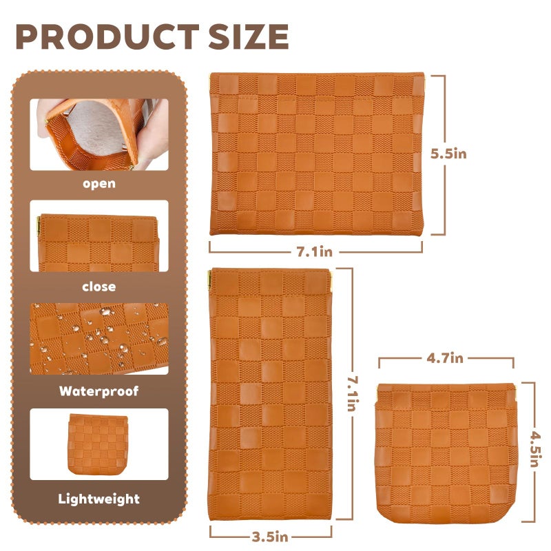 PENGJINYU 3PCS Small Makeup Bag for Women, Mini Cosmetic Bags Leather Pocket Pouch Purse,Snap Closure Waterproof Portable Bag,Checkered Storage Travel Bag for Lipstick Change Glasses Coin Cards (Brown) - Image 2