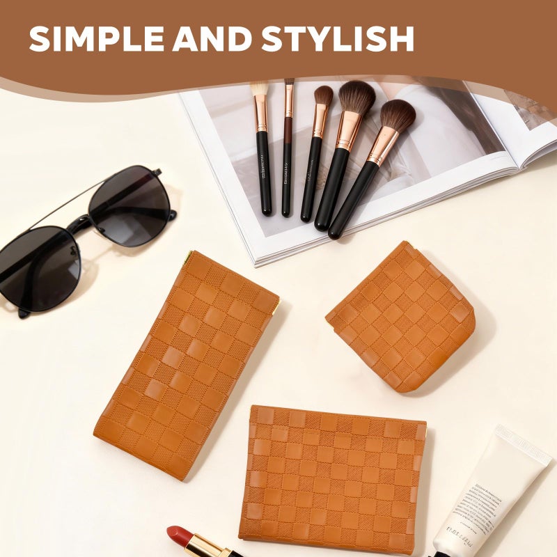 PENGJINYU 3PCS Small Makeup Bag for Women, Mini Cosmetic Bags Leather Pocket Pouch Purse,Snap Closure Waterproof Portable Bag,Checkered Storage Travel Bag for Lipstick Change Glasses Coin Cards (Brown) - Image 4