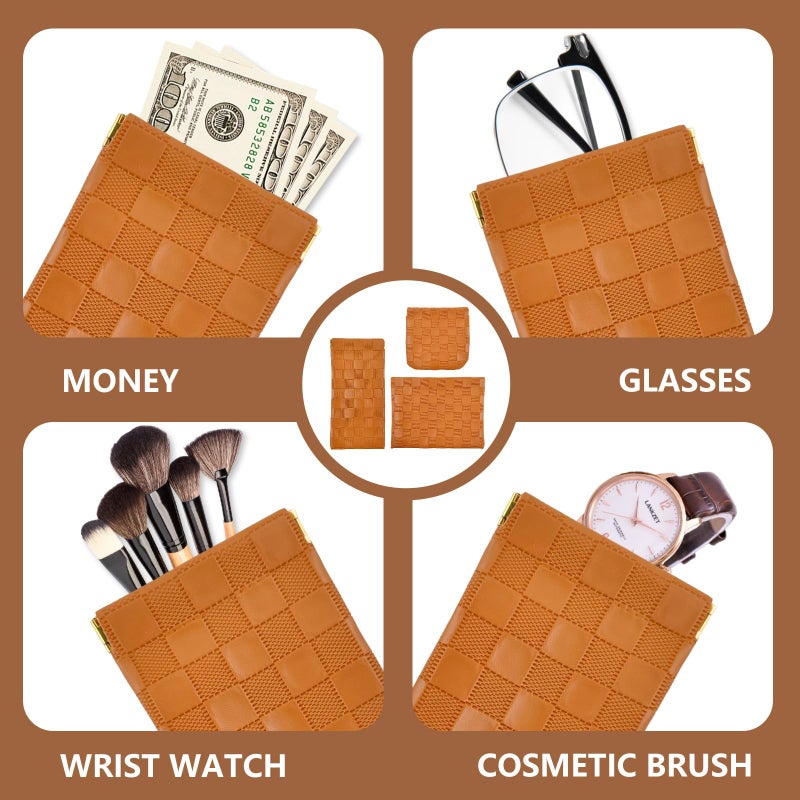 PENGJINYU 3PCS Small Makeup Bag for Women, Mini Cosmetic Bags Leather Pocket Pouch Purse,Snap Closure Waterproof Portable Bag,Checkered Storage Travel Bag for Lipstick Change Glasses Coin Cards (Brown) - Image 3