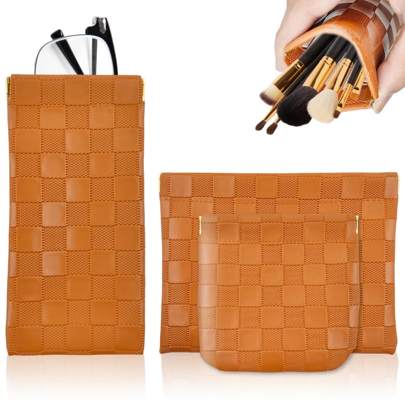 PENGJINYU 3PCS Small Makeup Bag for Women, Mini Cosmetic Bags Leather Pocket Pouch Purse,Snap Closure Waterproof Portable Bag,Checkered Storage Travel Bag for Lipstick Change Glasses Coin Cards (Brown) - Image 1