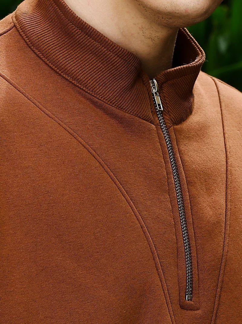 مانياك Maniac Mens Solid V Panel Round Neck Full Sleeve Brown Fleece Sweatshirt