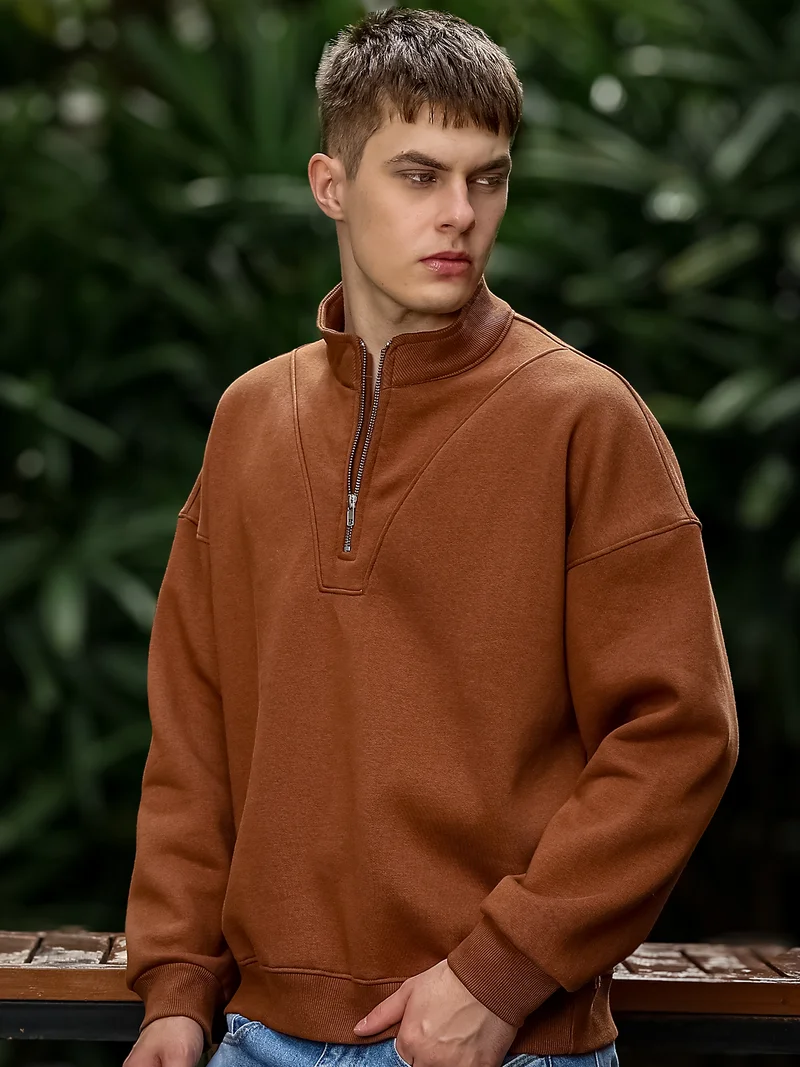 Maniac  Maniac Mens Solid V Panel Round Neck Full Sleeve Brown Fleece Sweatshirt for Men | Best Price UAE