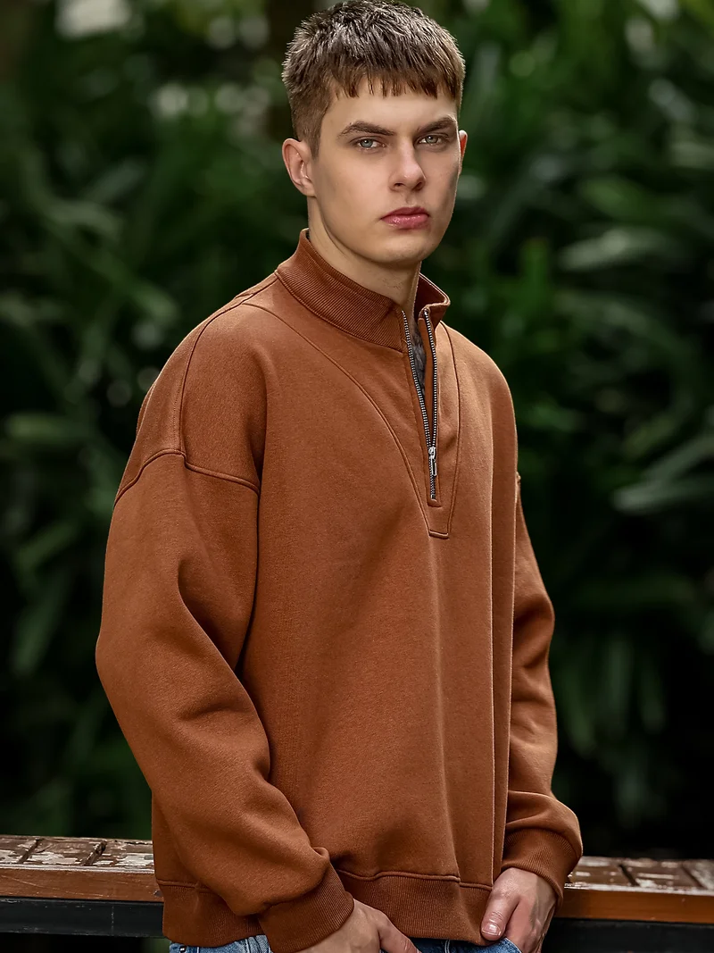 Maniac  Maniac Mens Solid V Panel Round Neck Full Sleeve Brown Fleece Sweatshirt for Men | Best Price UAE